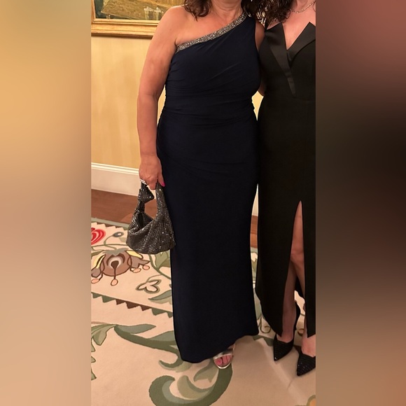 Adrianna Papell One Shoulder Jersey Gown side slit and rouchinh - Picture 5 of 6